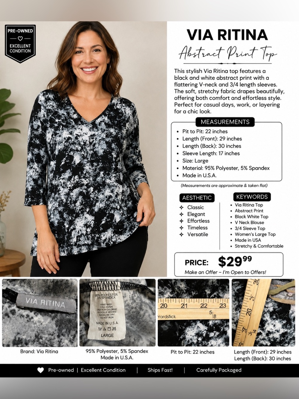 V-Neck Marble Print Long Sleeve Top - Black & White
